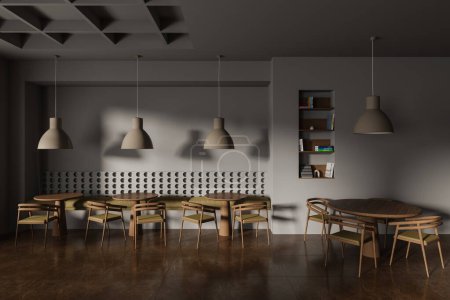 Foto de Interior café con estilo oscuro con sillas y mesa de madera, piso de hormigón azulejo marrón. Estante con decoración y libros. Acogedor comedor y zona de relax con muebles minimalistas. Renderizado 3D - Imagen libre de derechos