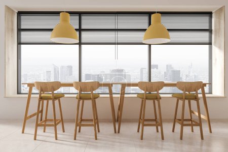 Photo for Minimalist cozy cafe interior with four bar stool in row, wooden table on beige tile concrete floor. Panoramic window with jalousie, Paris skyscrapers. 3D rendering - Royalty Free Image