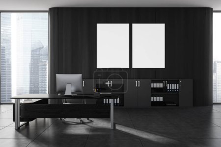 Photo for Dark ceo workplace interior with pc computer on work table, armchair and sideboard with documents, grey tile concrete floor. Panoramic window and mockup canvas posters in row. 3D rendering - Royalty Free Image