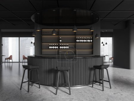 Interior of modern pub with gray walls, concrete floor, round dark wooden bar counter with stools and shelves with alcohol bottles. 3d rendering