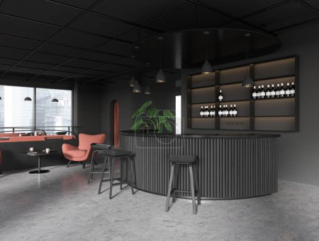 Foto de Restaurante gris interior, taburete de bar y mesa de comedor con sillones. Estante con bebidas y decoración minimalista, ventana panorámica de los rascacielos de Singapur. Renderizado 3D - Imagen libre de derechos