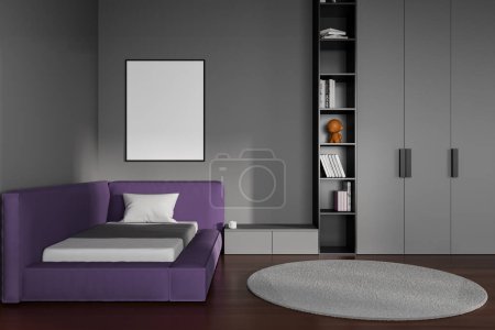 Photo for Interior of modern child bedroom with gray walls, wooden floor, comfortable purple bed with mock up poster hanging above it and gray wardrobe. 3d rendering - Royalty Free Image