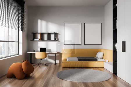 Photo for Interior of stylish child bedroom with white walls, wooden floor, comfortable yellow bed with two mock up posters above it and computer table with chair. 3d rendering - Royalty Free Image