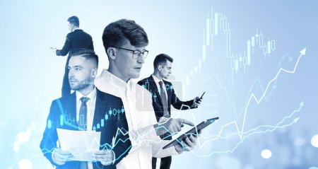 Photo for Portrait of four businessmen working with documents and gadgets with double exposure of financial graphs over blurry city background. Concept of stock market and trading - Royalty Free Image
