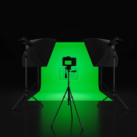 Téléchargez les photos : Intérieur du studio de diffusion avec écran vert chromé, deux monolumières et caméra debout sur trépied. Concept de radiodiffusion et de réalisation cinématographique. Rendu 3d - en image libre de droit