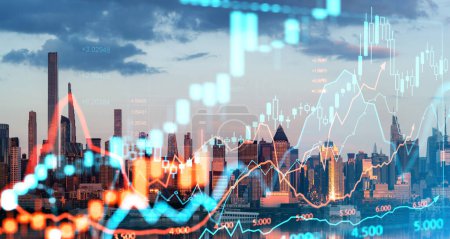 Foto de Holograma del mercado de valores de Nueva York, dinámica y estadísticas de candeleros, gráfico de barras con números. Concepto de inversión, comercio y beneficios - Imagen libre de derechos