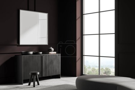 Photo for Corner of stylish minimalistic living room with brown walls, concrete floor, gray and wooden dresser with square mock up poster hanging above it and tall window. 3d rendering - Royalty Free Image