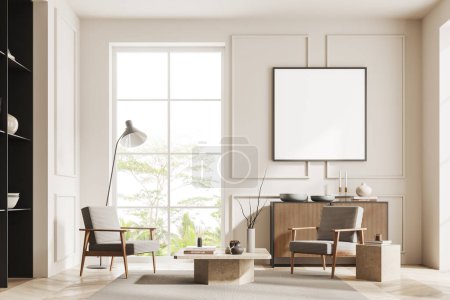 Photo for Interior of modern living room with white walls, wooden floor, two comfortable armchairs standing near coffee table and wooden dresser with square mock up poster above it. 3d rendering - Royalty Free Image