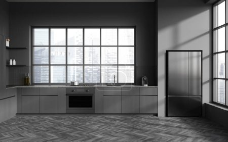 Photo for Dark kitchen interior with cooking area, fridge and kitchenware with shelves. Panoramic window on Singapore skyscrapers, black hardwood floor. 3D rendering - Royalty Free Image
