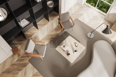 Photo for Top view of beige living room interior with sofa and armchairs, shelf with decoration and coffee table on carpet, hardwood floor. Panoramic window on tropics. 3D rendering - Royalty Free Image