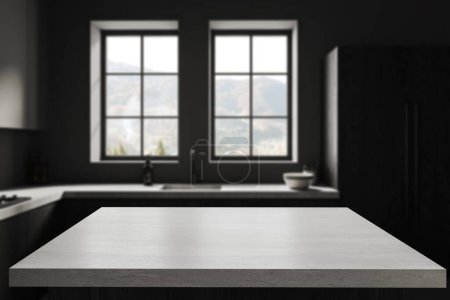 Photo for White table for your product standing in blurry kitchen with gray walls, dark wooden cabinets and two windows. Concept of advertising. 3d rendering, copy space - Royalty Free Image