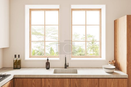 Téléchargez les photos : Intérieur confortable de la cuisine de l'hôtel avec évier et ustensiles de cuisine sur le pont. Coin cuisine dans un appartement élégant, lavabo, vaisselle et fenêtre panoramique sur les tropiques. rendu 3D - en image libre de droit