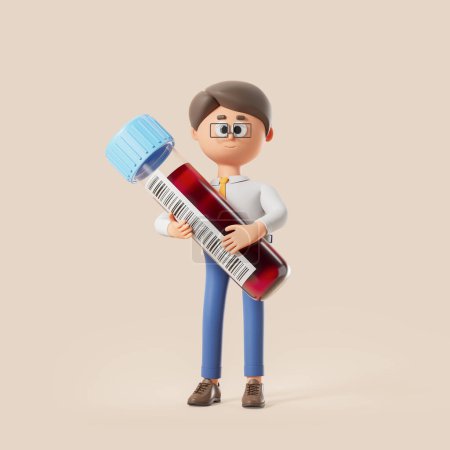 Photo for 3d rendering. Cartoon character man with big test tube with blood, beige background. Concept of health, medical treatment, analysis and disease illustration - Royalty Free Image