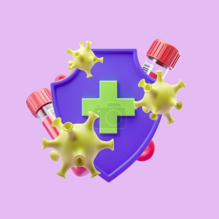 Photo for Antibacterial or anti virus shield with green cross, test tubes with analysis and bacterium on purple background. Concept of health protection and vaccine. 3D rendering - Royalty Free Image