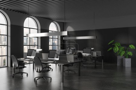 Photo for Corner of modern open space office with gray walls, concrete floor, rows of gray computer tables with chairs and arched windows. 3d rendering - Royalty Free Image
