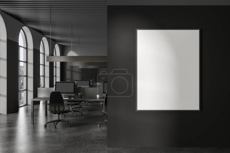 Photo for Interior of modern open space office with gray walls, concrete floor, rows of gray computer tables with chairs and arched windows. Vertical mock up poster. 3d rendering - Royalty Free Image