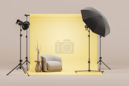 Foto de Moderno estudio fotográfico para interior y diseño, sillón con mesa de centro. Pantalla de ciclorama amarilla y equipo profesional. Concepto de producción mediática. Ilustración de representación 3D - Imagen libre de derechos