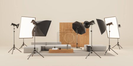 Photo for Professional studio equipment and lighting, modern home furniture, sofa with decoration. Concept of tv show, reality, cinema and film production. 3D rendering illustration - Royalty Free Image