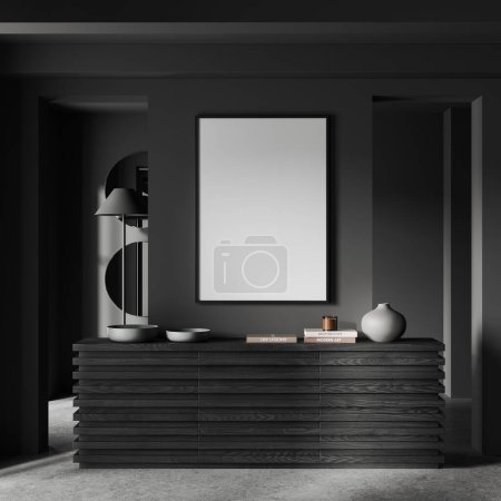 Photo for Interior of minimalistic living room with gray walls, concrete floor, stylish dark wooden dresser with vertical mock up poster hanging above it and two round mirrors. 3d rendering - Royalty Free Image
