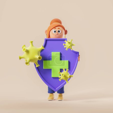 Photo for View of cartoon woman protecting herself with shield with green cross against viruses over yellow background. Concept of immunity, health protection and healthcare. 3d rendering - Royalty Free Image