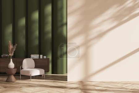Stilvolle Wohnzimmereinrichtung mit Sessel und Sideboard mit Dekoration, Hartholzboden. Lounge Zone in modernen Appartements. Attrappe Kopierraum Wand. 3D-Rendering
