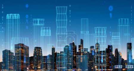 Foto de Skyline de la noche de la ciudad de Nueva York con doble exposición de la interfaz de red wireframe. Concepto de ciudad inteligente y conexión a Internet. La vida en el ciberespacio - Imagen libre de derechos