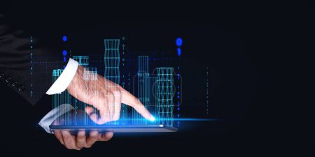 Photo for Businessman finger touch tablet, city buildings wireframe hud hologram, skyscrapers in digital world. Concept of futuristic technology, software, mobile app and virtual reality - Royalty Free Image