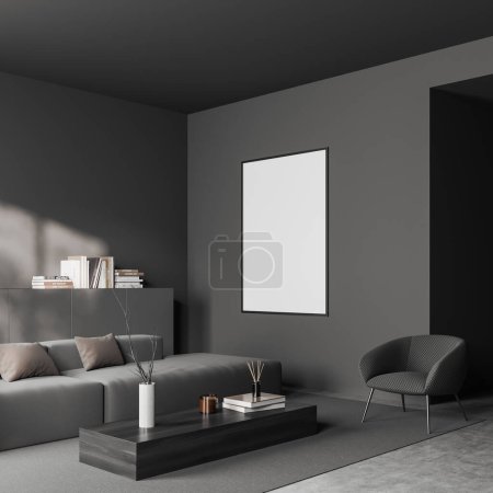 Photo for Corner view on dark living room interior with empty white poster, sofa, armchair, arch, carpet, grey wall, sideboard, books, crockery, concrete floor. Concept of minimalist design. Mock up. 3d rendering - Royalty Free Image