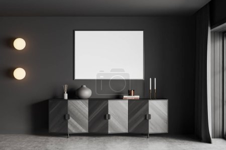 Photo for Front view on dark living room interior with empty white poster, sideboard, candles, curtain, grey wall, books, lamps, crockery, concrete floor. Concept of minimalist design. Mock up. 3d rendering - Royalty Free Image