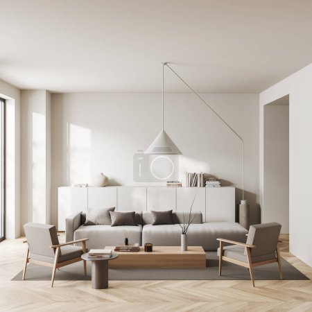 Frontansicht auf helle Wohnzimmereinrichtung mit Couchtisch, Sofa, Sesseln, Bogen, Teppich, weißer Wand, Sideboard, Büchern, Geschirr, Hartholzboden. Konzept des minimalistischen Designs. 3D-Darstellung