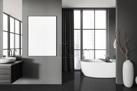 Photo for Dark bathroom interior with bathtub, decoration on black tile floor. Hotel bathing area with panoramic window on Singapore. Mockup canvas poster. 3D rendering - Royalty Free Image