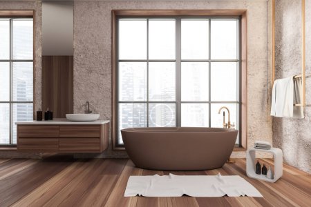 Photo for Front view on bright bathroom interior with bathtub, panoramic window with Singapore skyscrapers view, stool with towels, crockery, carpet, sinks, concrete white walls, oak wooden floor. 3d rendering - Royalty Free Image