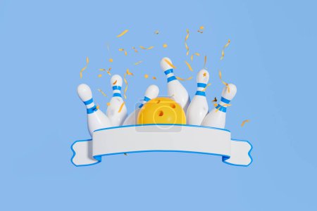 Foto de Bola amarilla golpeando bolos con cinta azul vacía y confeti cayendo, fondo azul. Concepto de ganar. Espacio de copia burlona. Renderizado 3D - Imagen libre de derechos
