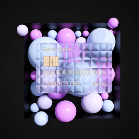 Téléchargez les photos : Carte de crédit bancaire et boules abstraites colorées sur fond noir, design transparent. Concept de finance et de paiement. rendu 3D - en image libre de droit