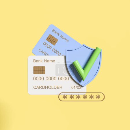 Photo for Two credit cards and correct password, shield and green tick on yellow background. Concept of successful transaction and payment protection. 3D rendering - Royalty Free Image