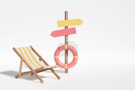 Photo for Sunbed, road pointer and pink lifebuoy on white background. Concept of beach and life protection. Mockup copy space - Royalty Free Image