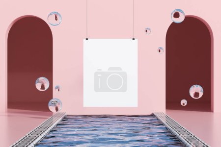 Foto de Mockup cartel lienzo colgando sobre la piscina con agua, burbujas flotando. Puertas de arco rosa y pancarta de espacio de copia maqueta para publicidad. Renderizado 3D - Imagen libre de derechos