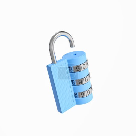 Foto de Bloqueo de código abierto azul sobre fondo blanco vacío. Concepto de protección de datos y acceso. Renderizado 3D - Imagen libre de derechos