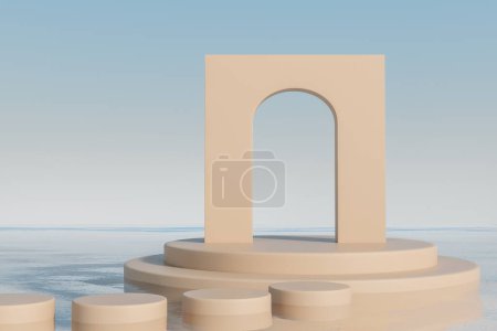 Photo for Beige cylinder platforms and arch floating on water. Mockup for product display, advertising goods. Product presentation. 3D rendering - Royalty Free Image