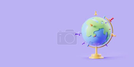 Téléchargez les photos : Globe de terre de bande dessinée avec des épingles colorées sur fond violet. Concept de voyage et de voyage. Espace de copie. rendu 3D - en image libre de droit