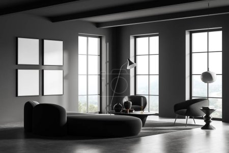 Photo for Dark meeting interior sofa and two armchairs, side view, carpet on grey concrete floor. Coffee table and panoramic window on countryside. Four mock up canvas in row. 3D rendering - Royalty Free Image