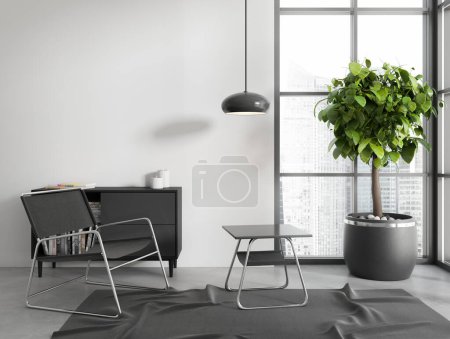 Photo for Cozy living room interior with armchair and sideboard with books and decoration, carpet on grey concrete floor. Panoramic window on Singapore city view. Mockup empty wall. 3D rendering - Royalty Free Image
