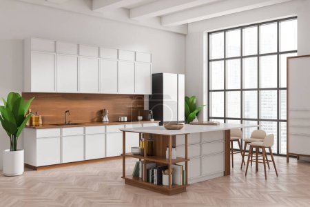 Photo for White kitchen interior with bar island and chairs, side view, hardwood floor. Kitchenware on deck, cooking area with panoramic window on city view. 3D rendering - Royalty Free Image