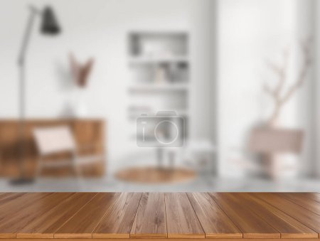 Photo for Wooden table on background of blurred living room interior with two armchairs, shelf and decoration. Mockup copy space for product display. 3D rendering - Royalty Free Image