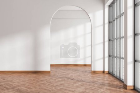 Foto de Blanco estudio vacío interior con suelo de madera, vista frontal, hall en apartamento con puerta de arco y ventana panorámica en vista a la ciudad. Renderizado 3D - Imagen libre de derechos