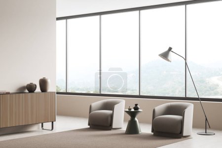 Photo for Beige relax room interior with two armchairs, side view, coffee table and dresser with minimalist decoration, carpet on light concrete floor. Panoramic window on countryside. 3D rendering - Royalty Free Image