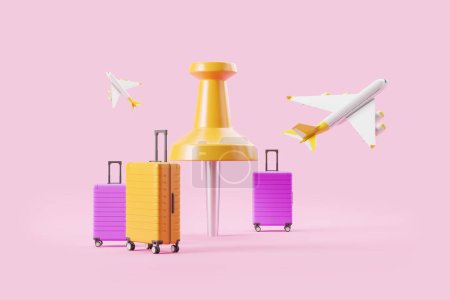 Foto de Pin amarillo grande y maletas con aviones volando sobre fondo rosa. Concepto de viaje y check-in. Renderizado 3D - Imagen libre de derechos