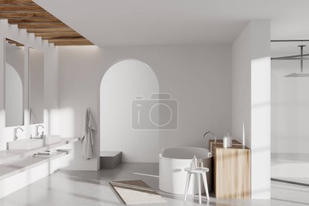 Téléchargez les photos : Intérieur salle de bain blanche avec double lavabo, baignoire dans le coin et douche derrière des portes vitrées. Arc à la zone de baignade et accessoires minimalistes. rendu 3D - en image libre de droit