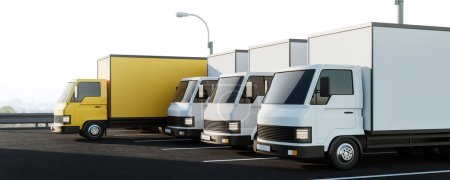 Foto de Fila de camiones estacionados al aire libre, vista lateral, furgonetas de entrega amarillas y blancas. Concepto de entrega y logística internacional. Espacio de copia burlona. Renderizado 3D - Imagen libre de derechos