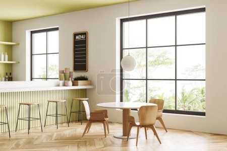 Photo for Corner view on modern bright cafe interior with panoramic window, table with armchairs, white wall, oak wooden hardwood floor, bar counter with barstools. Concept of minimalist design. 3d rendering - Royalty Free Image
